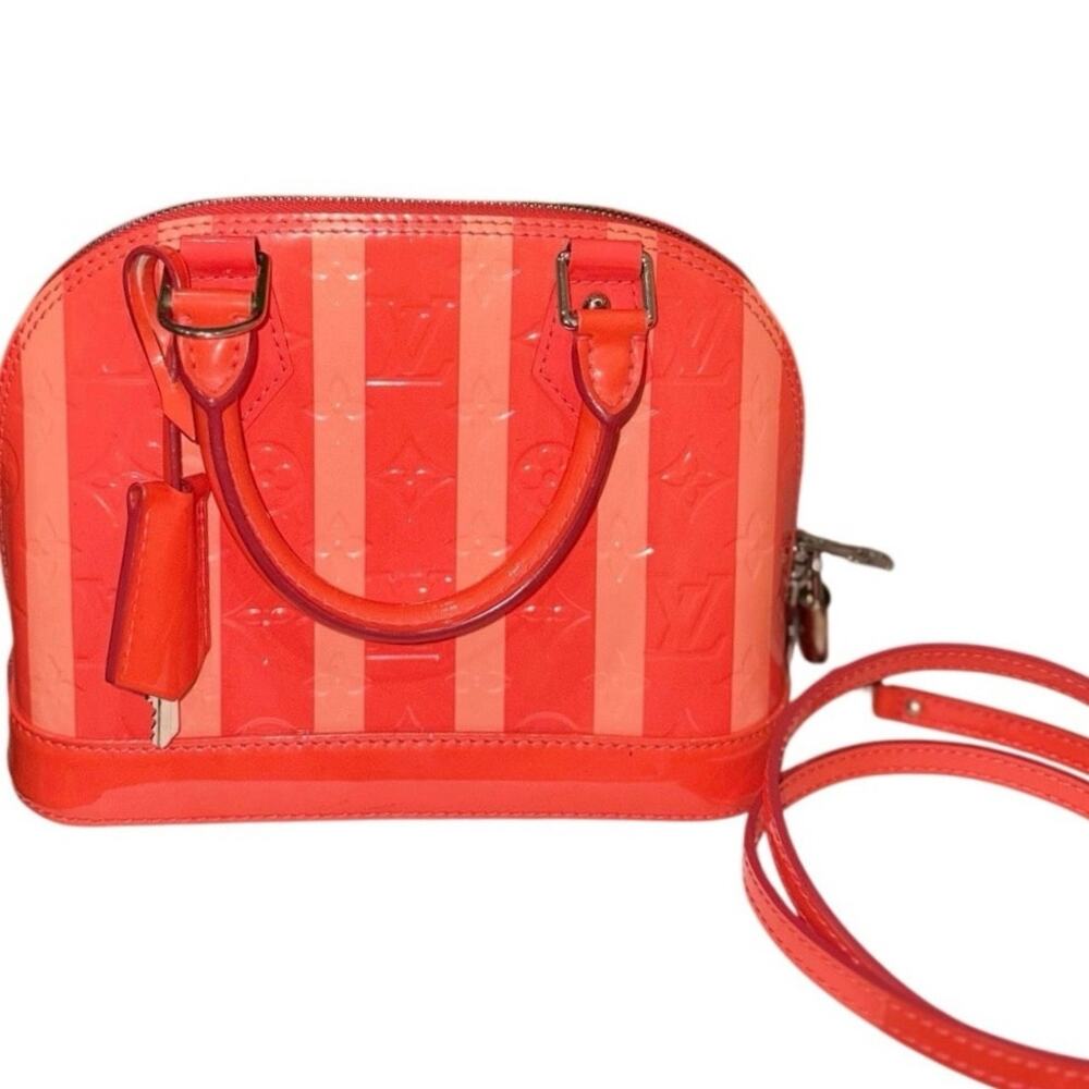 Louis Vuitton Alma BB Vernis Rayures Pink Coral Monogram Strap Lock Keys COA